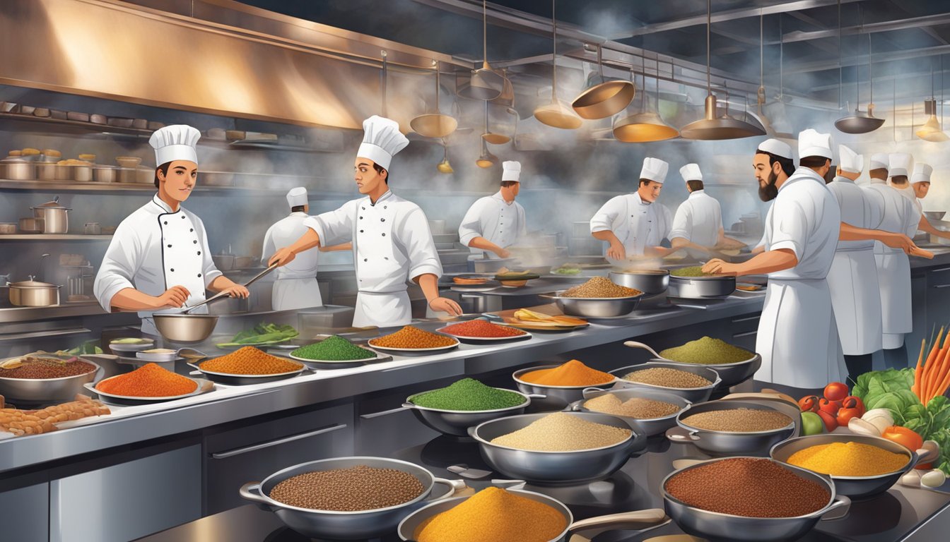 A bustling restaurant kitchen with chefs bustling about, sizzling pans, and colorful ingredients on display. The aroma of various spices and flavors fills the air