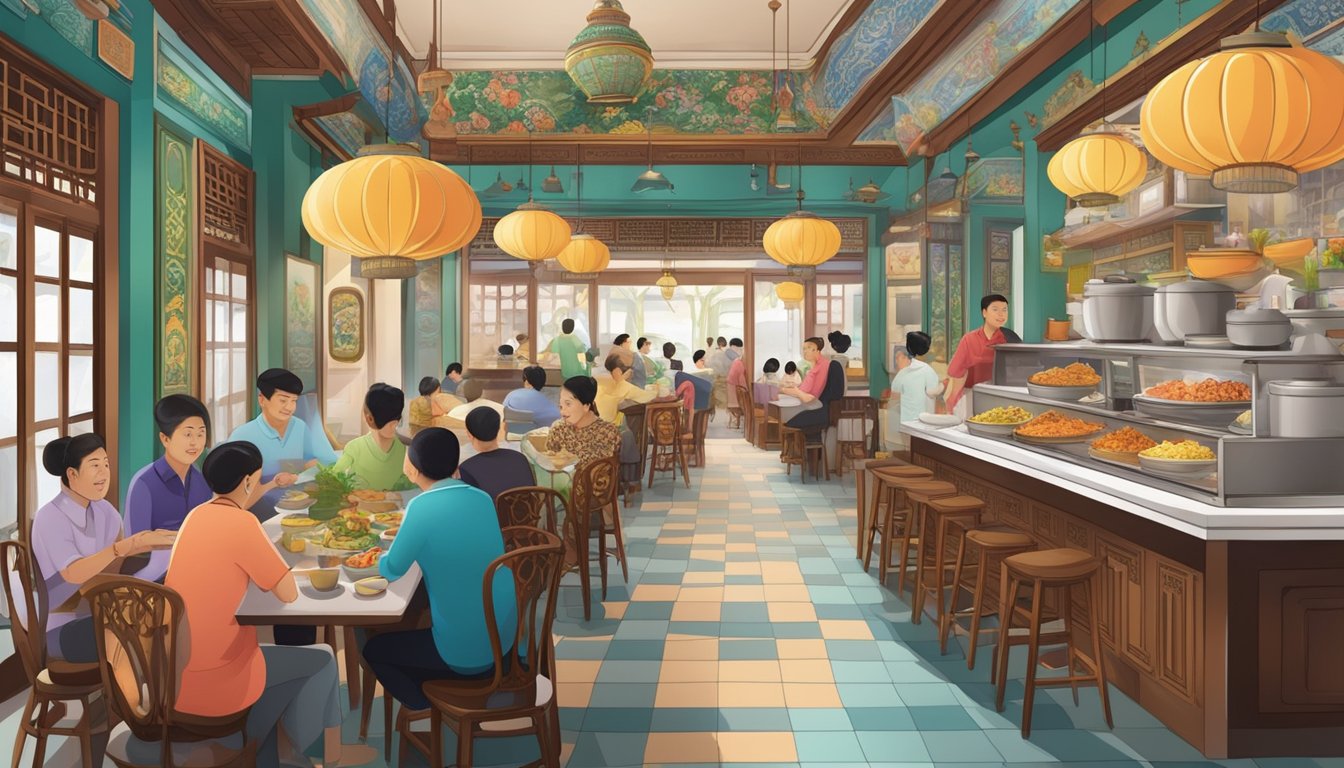 A bustling Peranakan restaurant with colorful decor, traditional artifacts, and aromatic dishes being served to eager customers