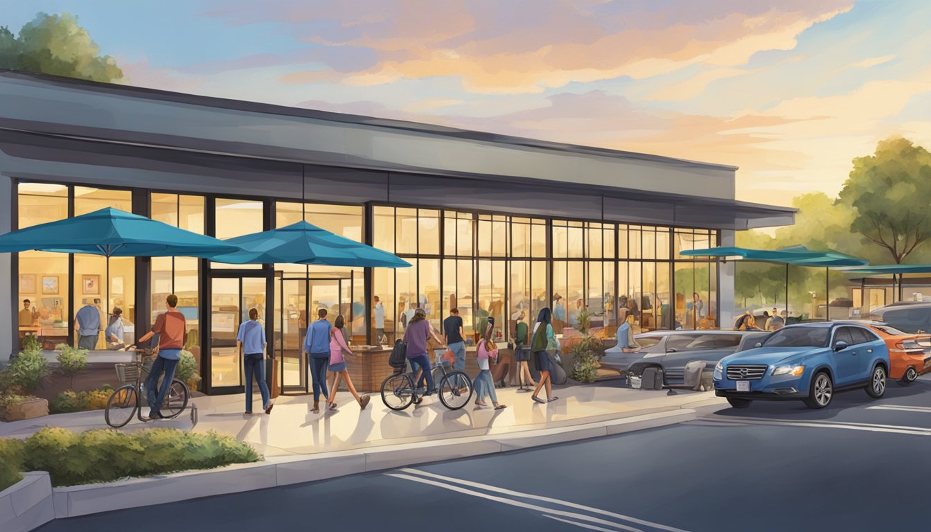 Customers arriving at Northpoint restaurant by car, bike, and foot. Parking lot full. People walking in and out of the entrance