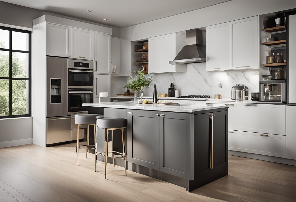 A sleek, modern corner cabinet kitchen design with clean lines, stainless steel appliances, and marble countertops