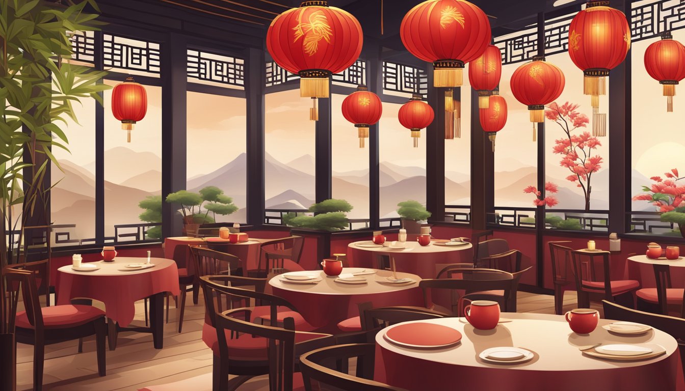 An oriental Chinese restaurant with red lanterns, bamboo decor, and round tables with chopsticks and teacups