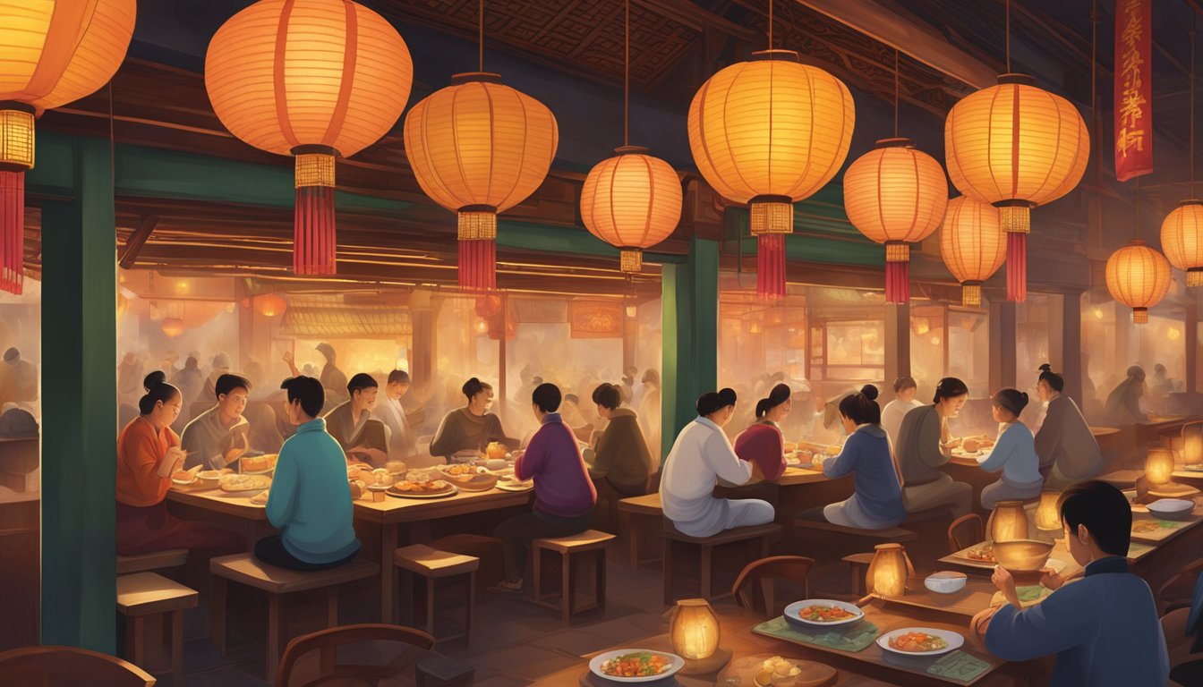 Diners savoring steaming dumplings and fragrant stir-fry in a bustling oriental Chinese restaurant. Aromatic steam rises from sizzling woks, while lanterns cast a warm glow over the vibrant scene