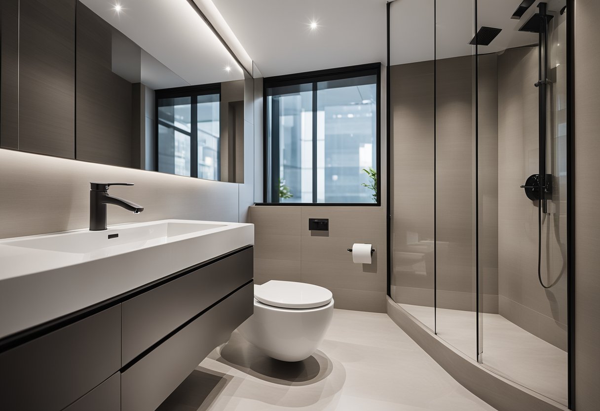 A sleek, minimalist toilet with clean lines and modern fixtures. The design features a wall-mounted toilet, a floating vanity, and a frameless glass shower enclosure