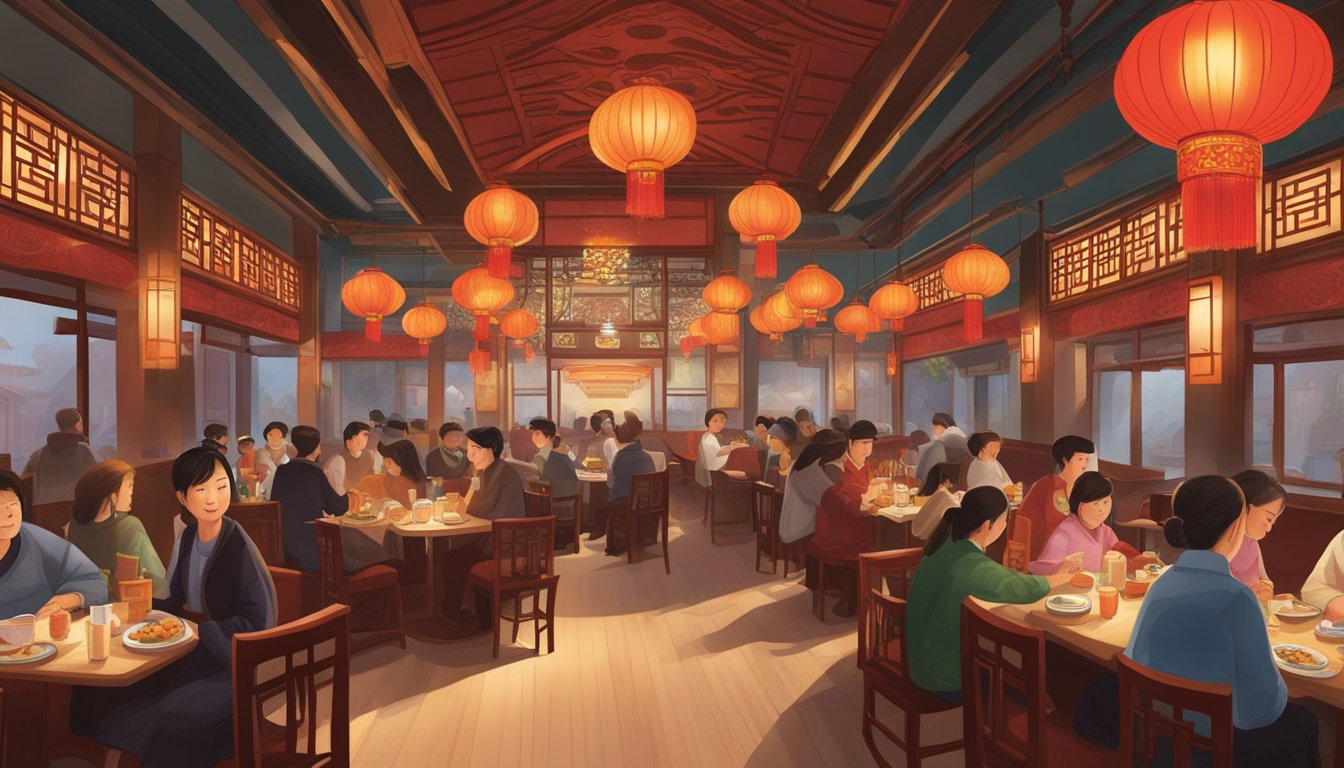 The Spring Court Chinese restaurant is bustling with diners, the aroma of sizzling stir-fries fills the air, and traditional red lanterns adorn the ceiling