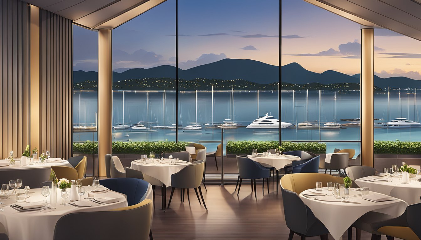 The elegant Keppel Bay restaurant overlooks the tranquil marina, with sleek yachts and sparkling water creating a picturesque backdrop