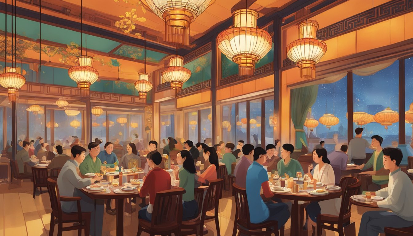 The Spring Court Chinese restaurant bustles with diners enjoying traditional dishes in a vibrant, lantern-lit dining room