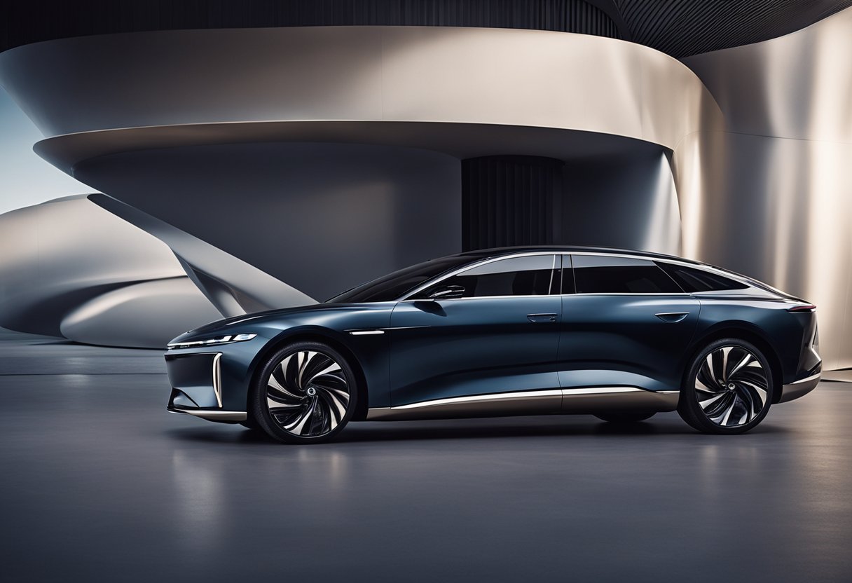 The sleek lines of the Lucid Air merge with the flowing elegance of haute couture, creating a vision of luxury and innovation