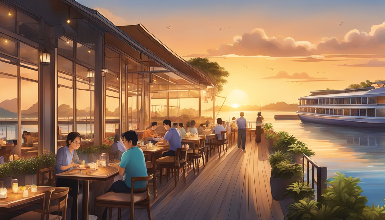 The sun sets over Keppel Bay, casting a warm glow on the waterfront restaurant. Aromatic steam rises from dishes, as diners enjoy the view