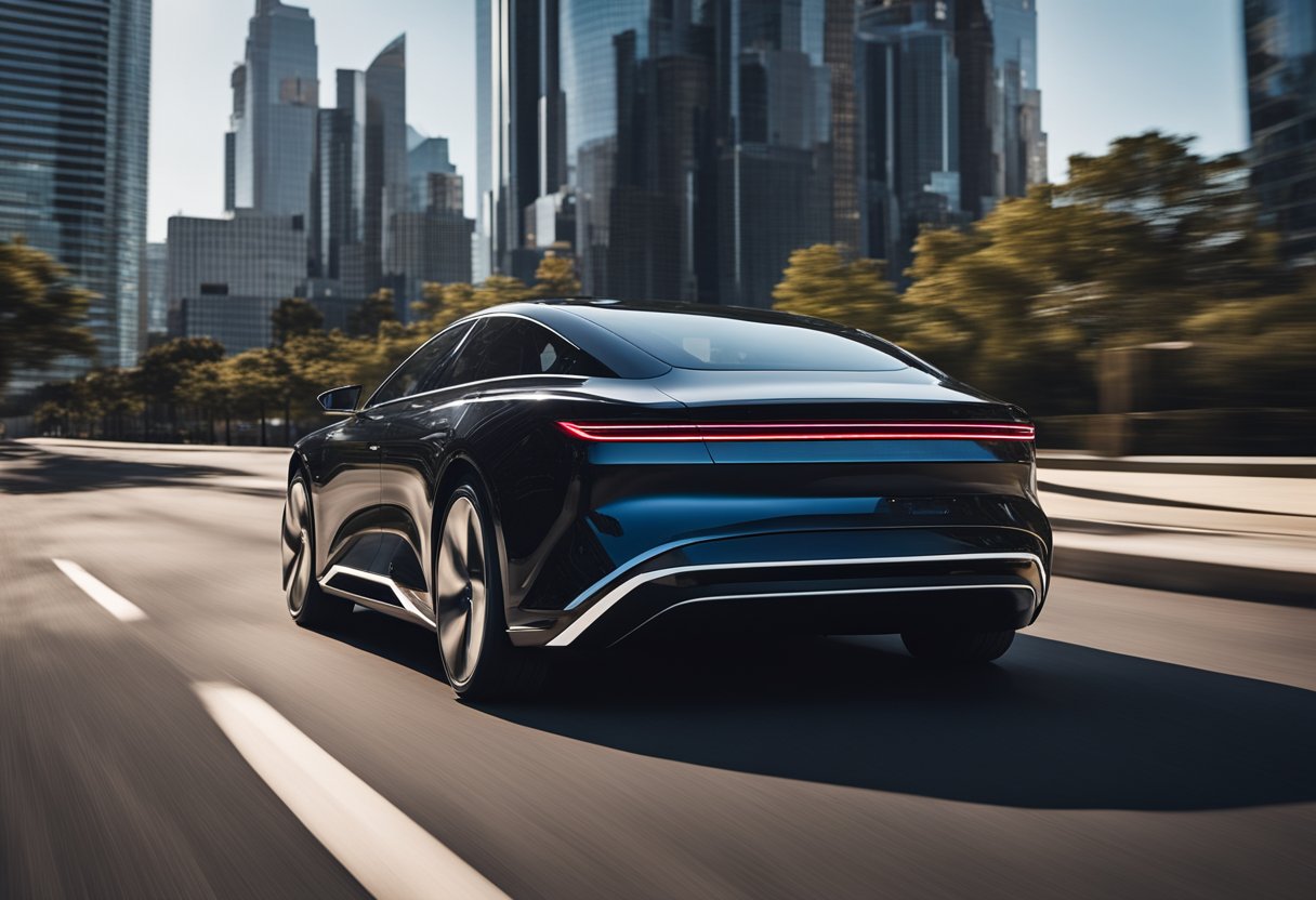 The sleek lines of the Lucid Air glide through a futuristic cityscape, reflecting the vibrant colors of the surrounding architecture. The car exudes an air of sophistication and elegance, like a high-fashion runway model