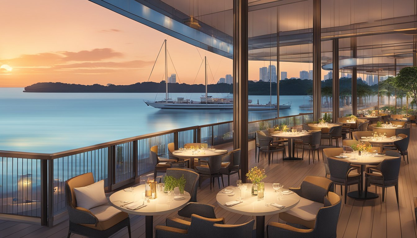 The sun sets over the calm waters of Keppel Bay, casting a warm glow on the sleek, modern architecture of the Experience Beyond Dining restaurant. The outdoor seating area is filled with guests enjoying the serene ambiance