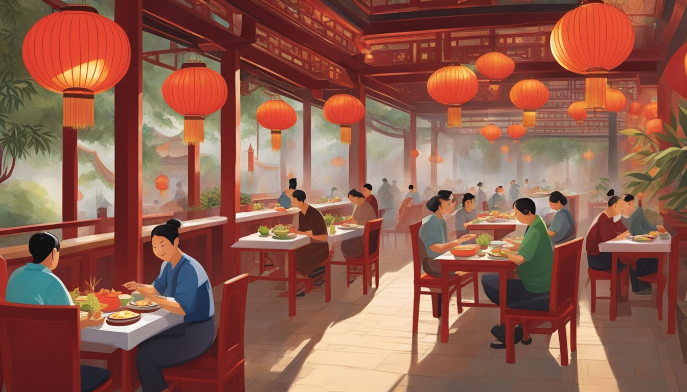 Customers sit at red lacquered tables, surrounded by ornate Chinese lanterns and bamboo decor. A chef expertly chops vegetables at a sizzling wok station, filling the air with savory aromas