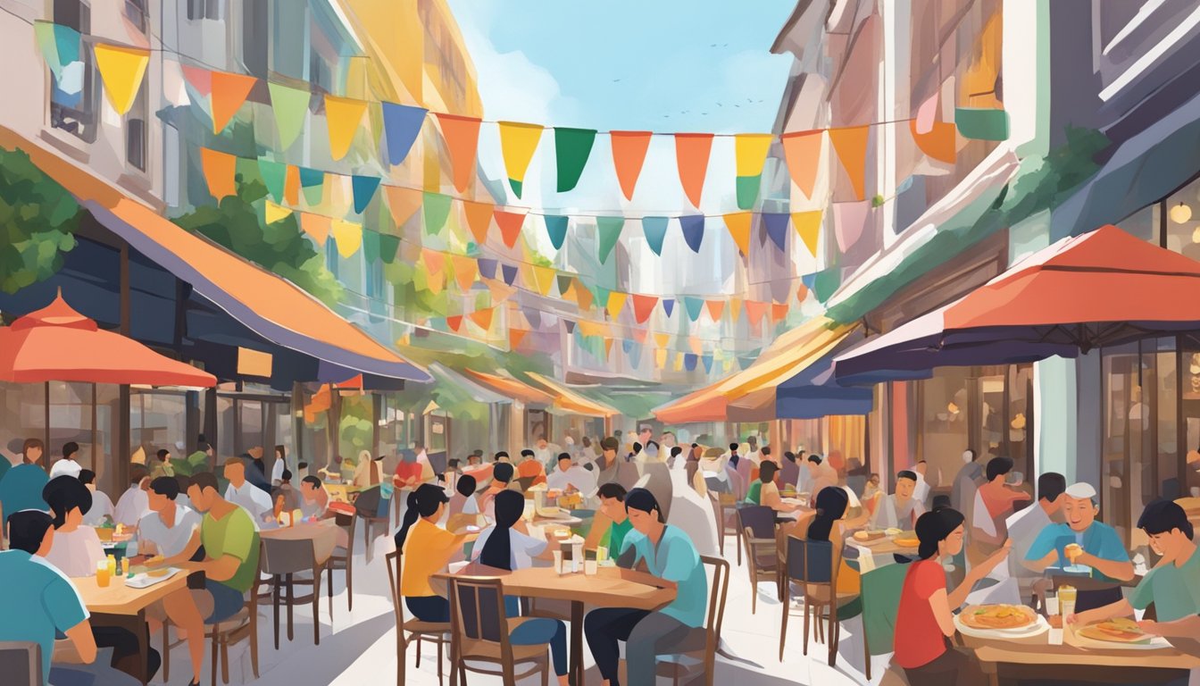 A bustling street lined with colorful banners and crowded outdoor tables, as the aroma of diverse cuisines fills the air during Restaurant Week Singapore