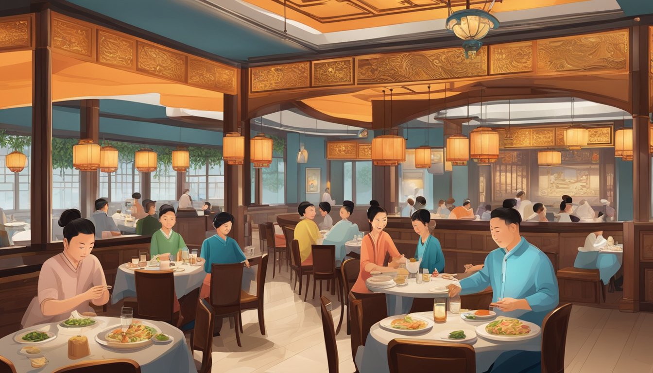 The bustling restaurant is adorned with traditional Chinese decor. Diners enjoy their meals at round tables while waitstaff attend to their needs
