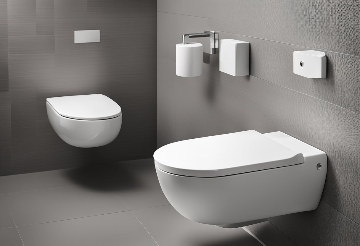 A sleek, minimalistic toilet with clean lines and modern fixtures. The design features a floating toilet bowl and a wall-mounted flush panel