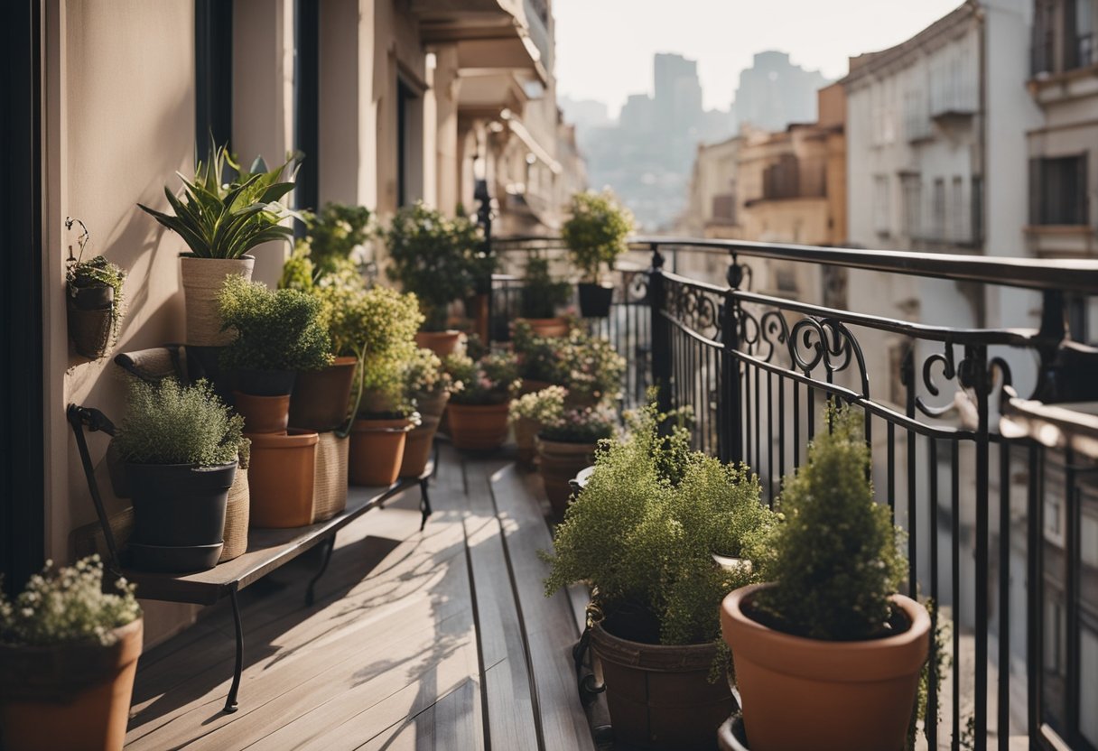 A small balcony with wrought iron railings, potted plants, and cozy outdoor furniture overlooking a bustling city street