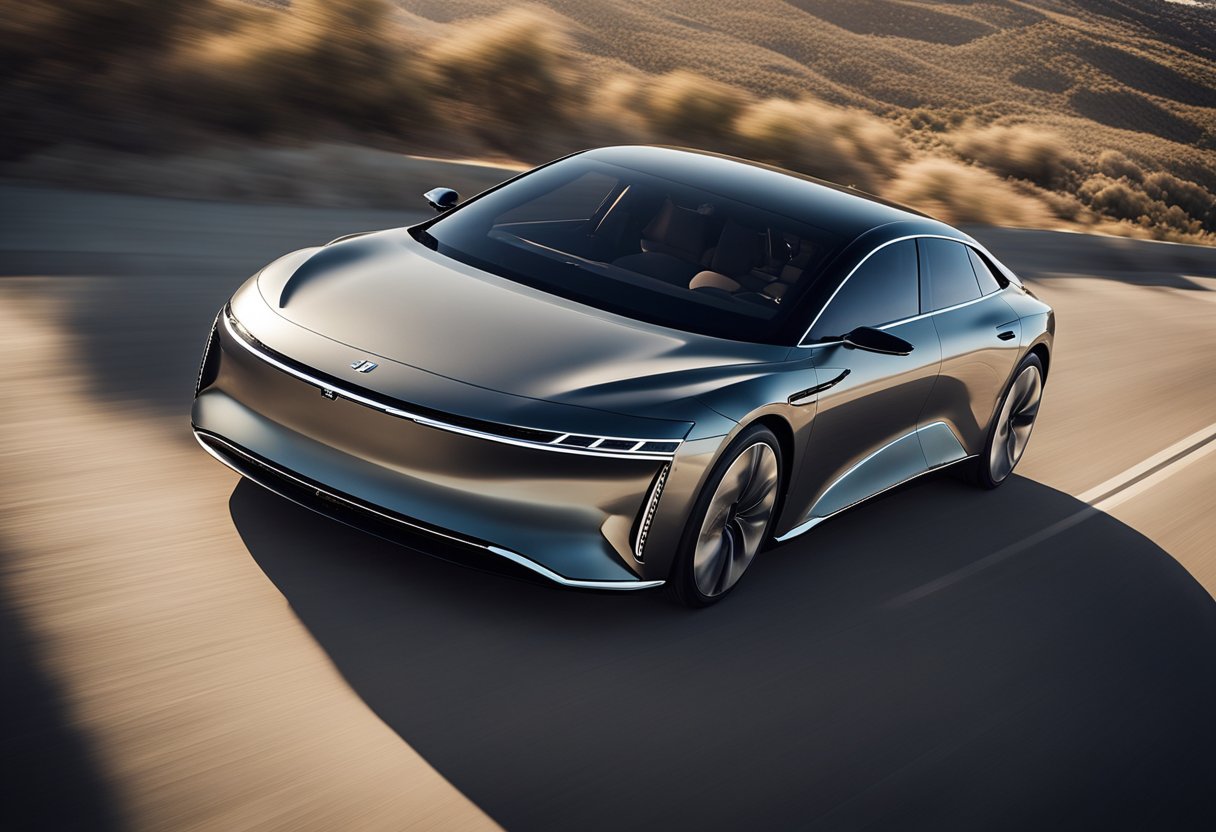 The sleek lines of the Lucid Air intertwine with luxurious fabrics and intricate details, transforming the car into a high-fashion masterpiece