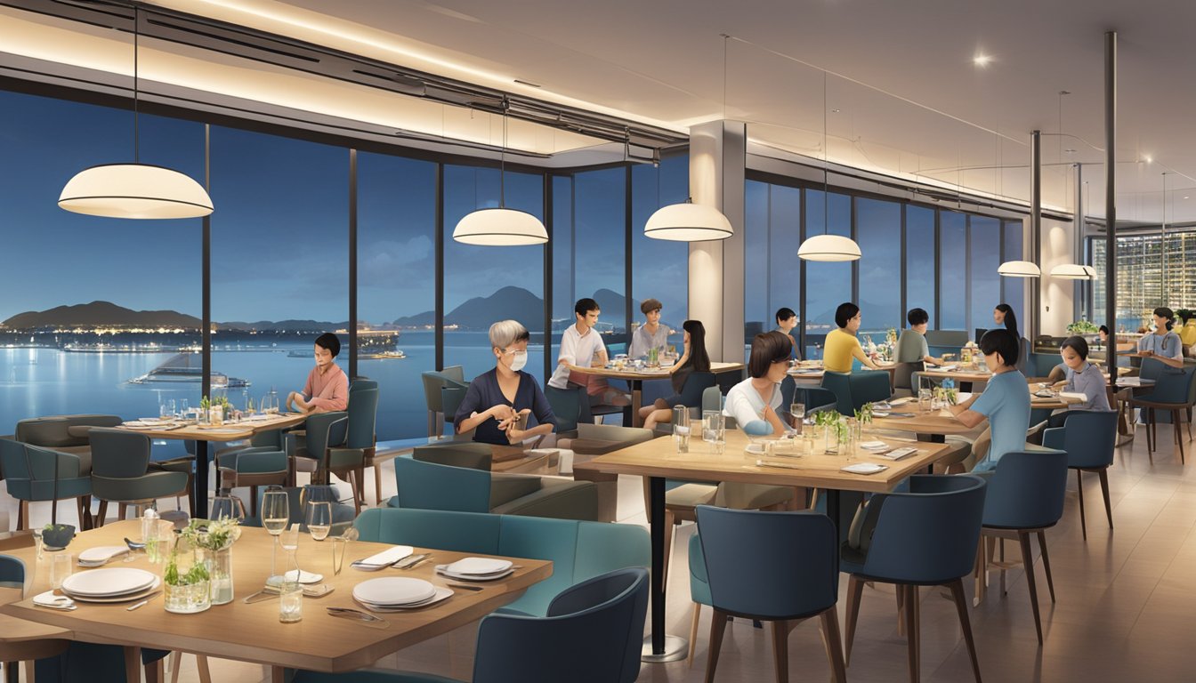 The restaurant at Keppel Bay is bustling with patrons, with a view of the bay and a modern, sleek interior design
