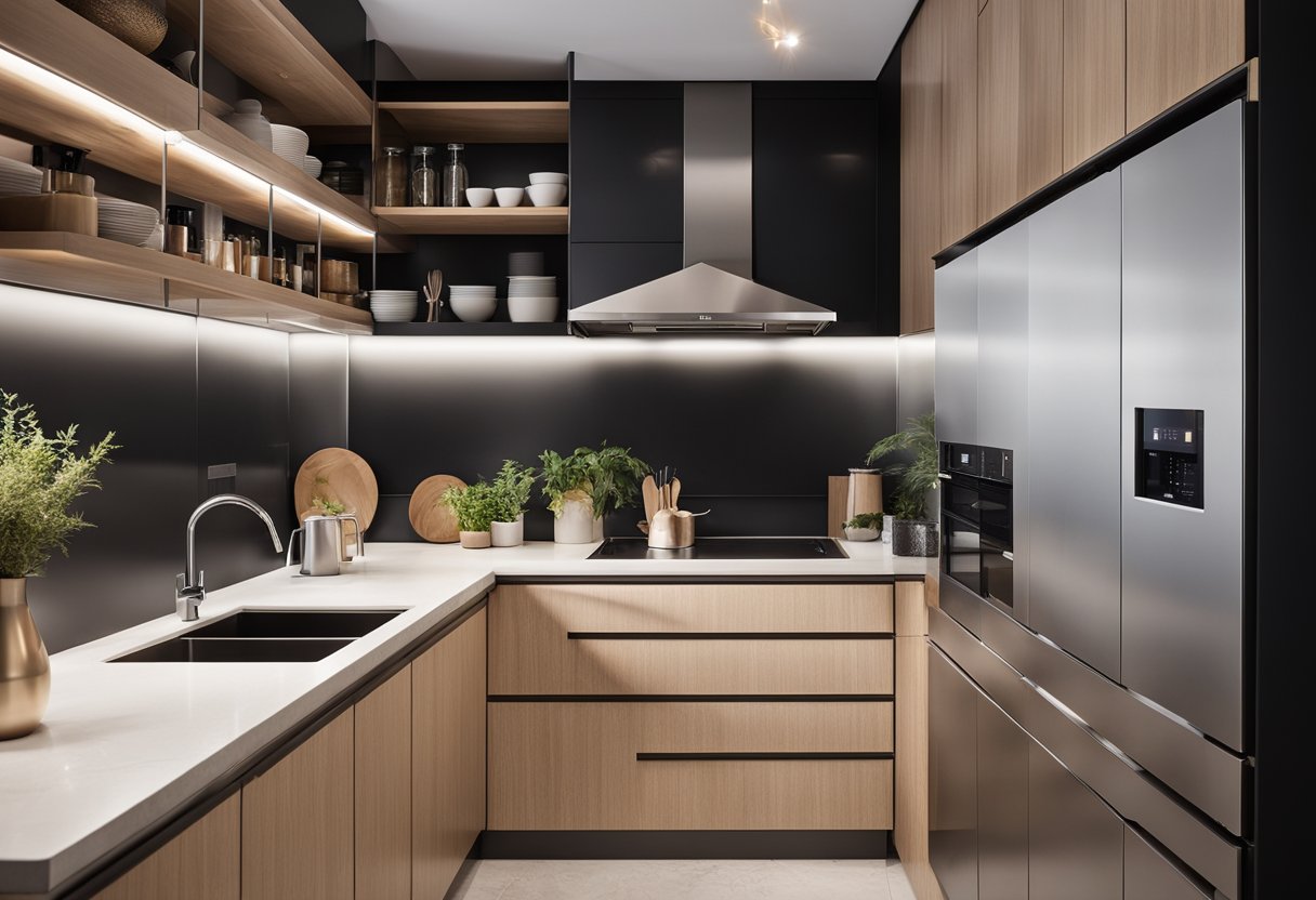 A modern kitchen with a corner cabinet, neatly organized with labeled shelves for easy access. Bright lighting highlights the sleek design