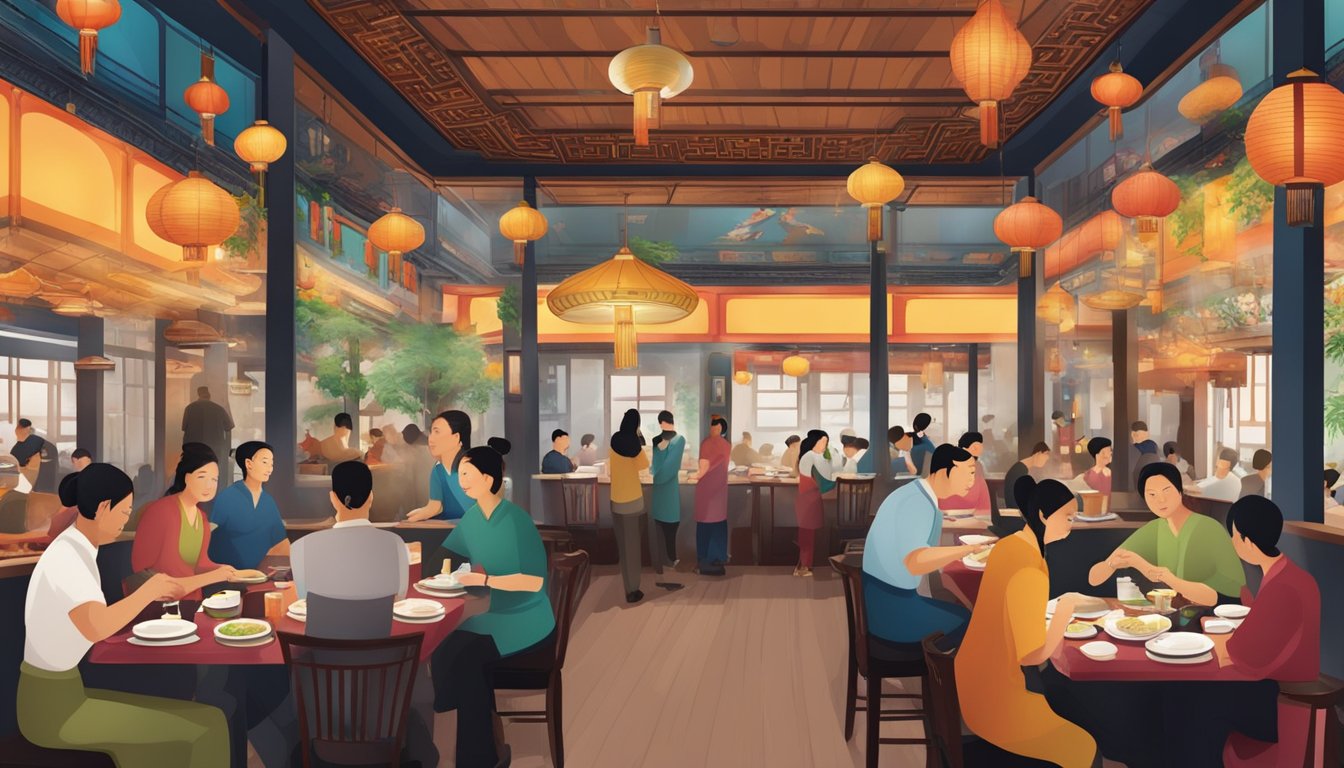 A busy oriental Chinese restaurant with colorful decor, bustling waitstaff, and steaming plates of food being served to eager customers