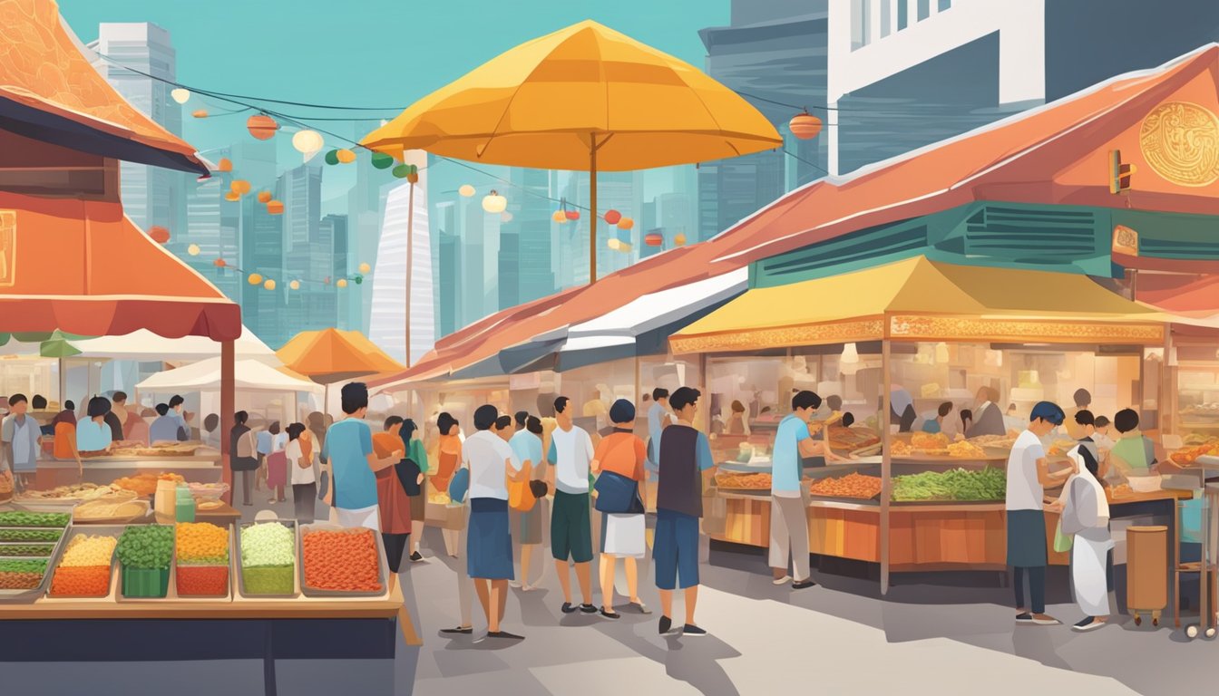 Vibrant street food stalls line the bustling Singaporean market, showcasing an array of tantalizing dishes and aromatic spices