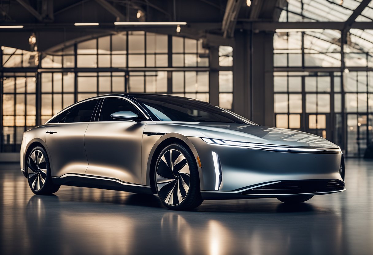 The Lucid Air sits elegantly on a pedestal, surrounded by swirling clouds of inspiration. Its sleek lines and luxurious details are highlighted, evoking a sense of haute couture fashion