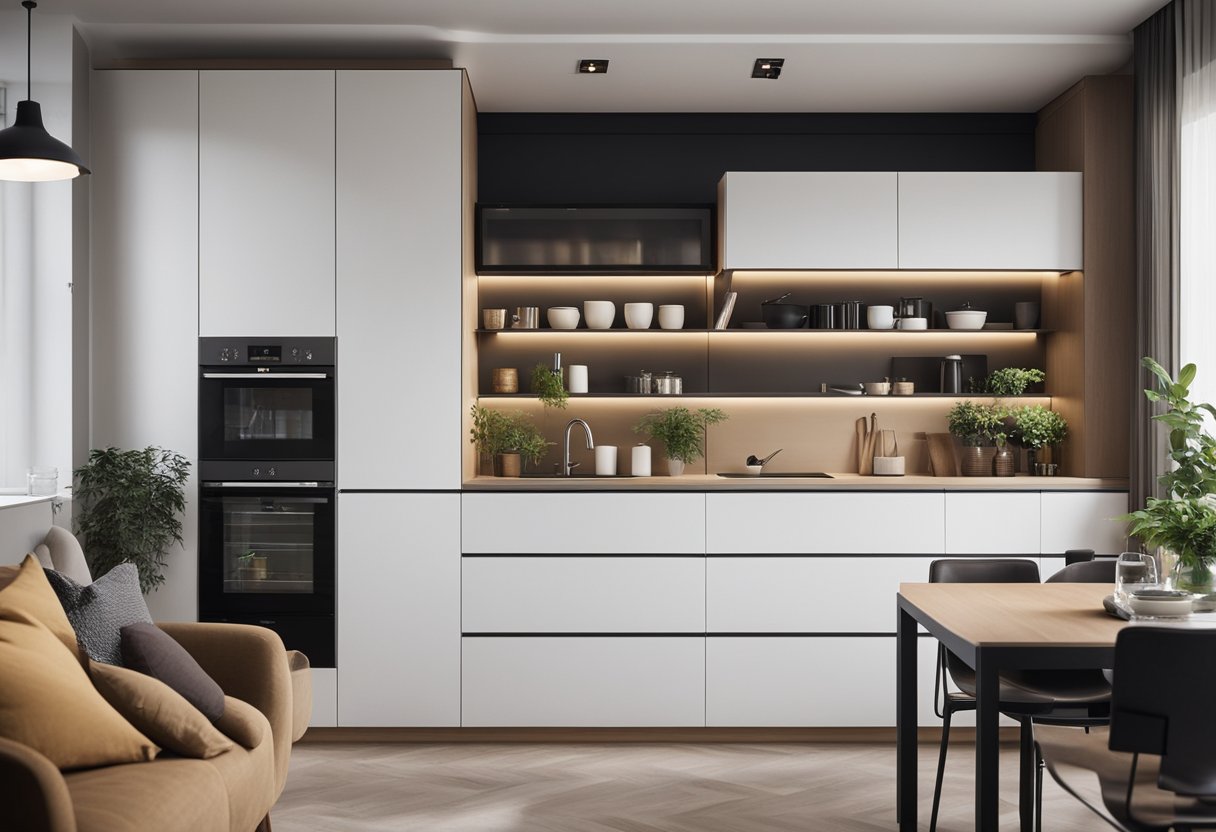 A compact kitchen seamlessly flows into a stylish living room, maximizing space with modern design elements