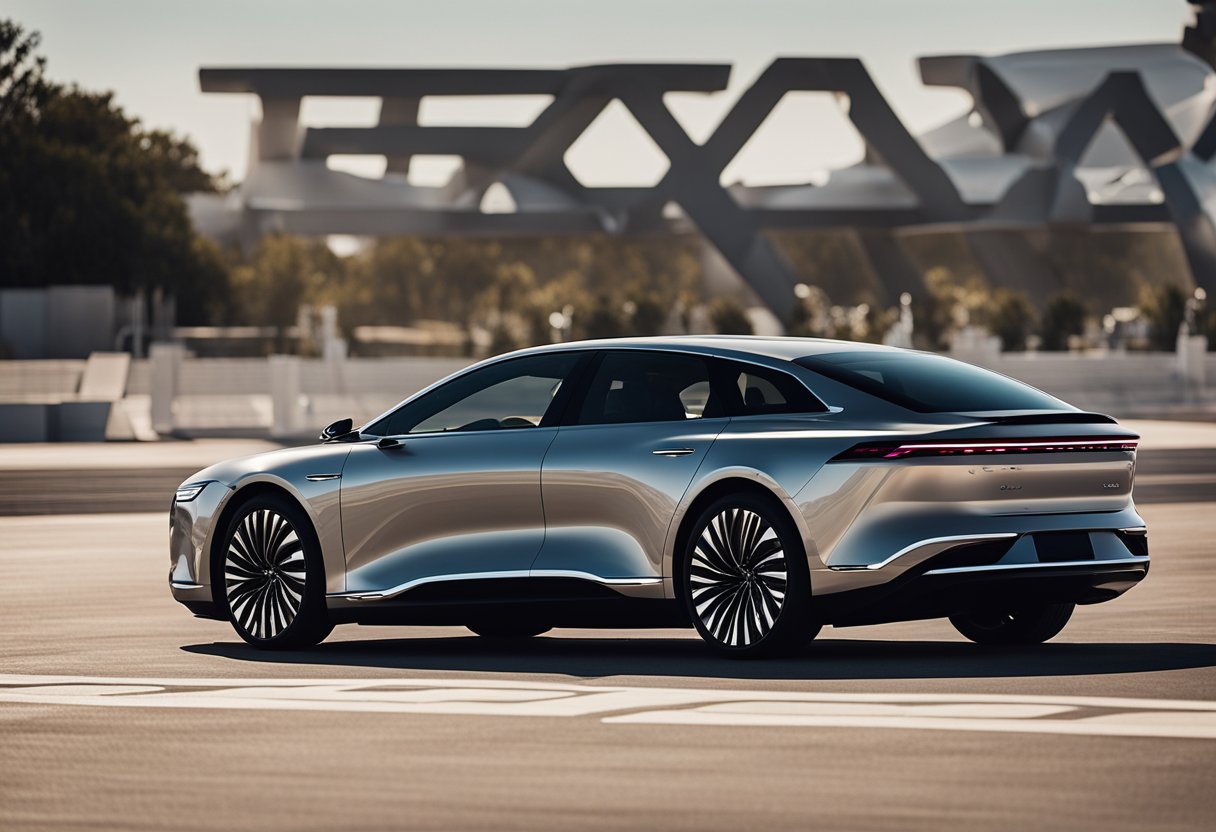 The Lucid Air floats gracefully down a runway, its sleek lines and elegant curves evoking the essence of haute couture fashion. The car exudes an aura of sophistication and luxury, captivating onlookers with its stunning beauty