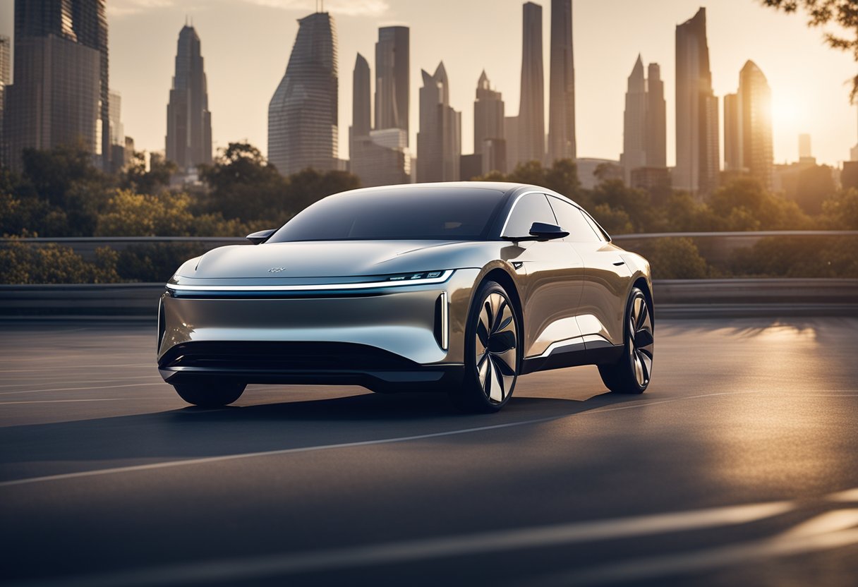 The Lucid Air glides through a futuristic cityscape, adorned with sleek, eco-friendly materials. The sun illuminates its elegant lines, showcasing its commitment to sustainability