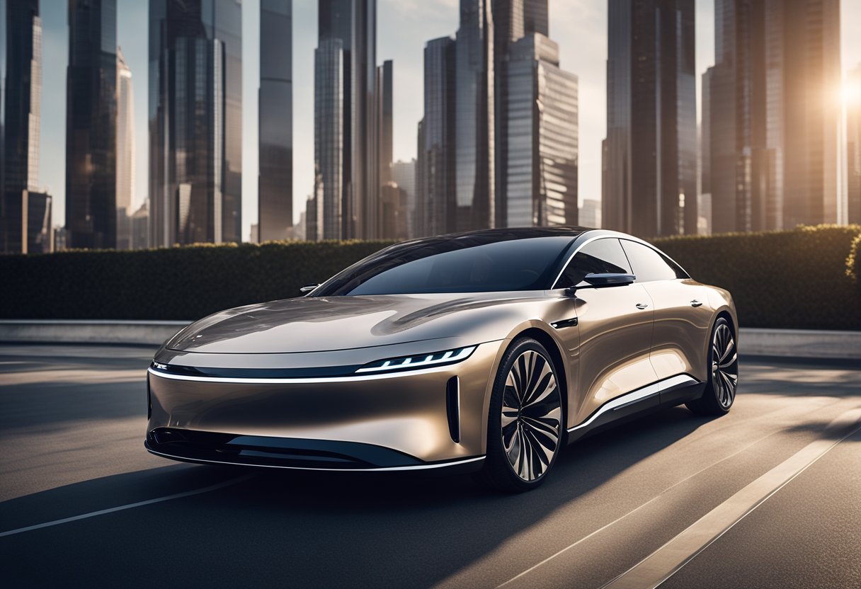 A sleek Lucid Air glides through a futuristic cityscape, its elegant lines and shimmering exterior evoking the essence of haute couture fashion