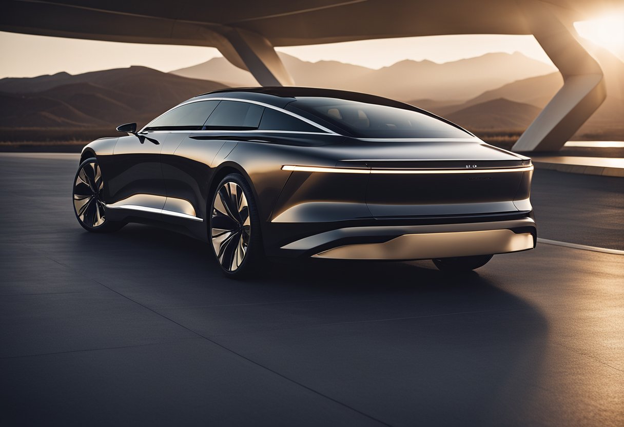 The Lucid Air floats gracefully down a runway, its sleek lines and elegant curves reminiscent of a high-fashion couture gown. The car exudes luxury and sophistication, captivating all who lay eyes on it