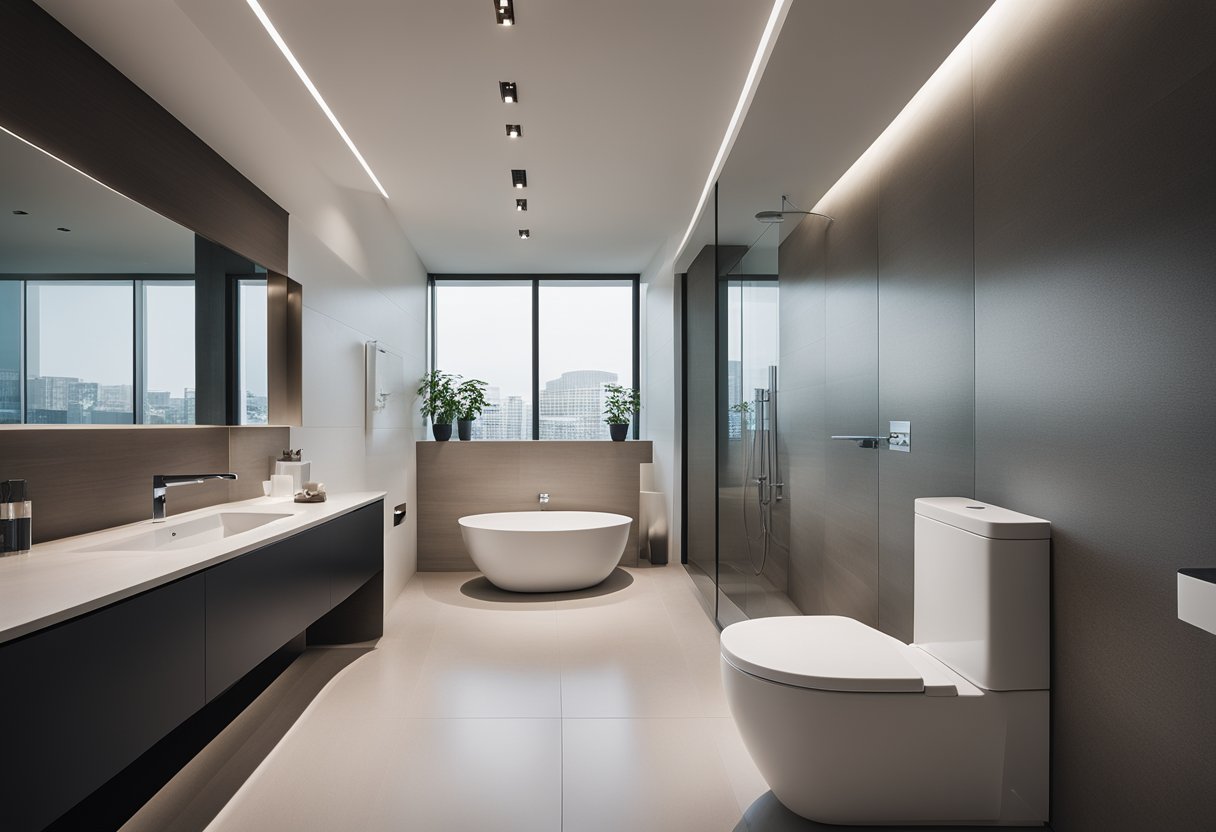 A sleek, modern toilet with clean lines and minimalist features, surrounded by a spacious, well-lit bathroom