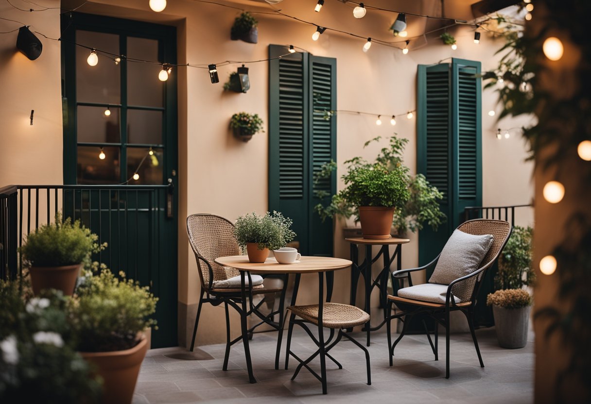 A cozy maisonette balcony with potted plants, a small bistro set, and string lights creating a warm and inviting atmosphere