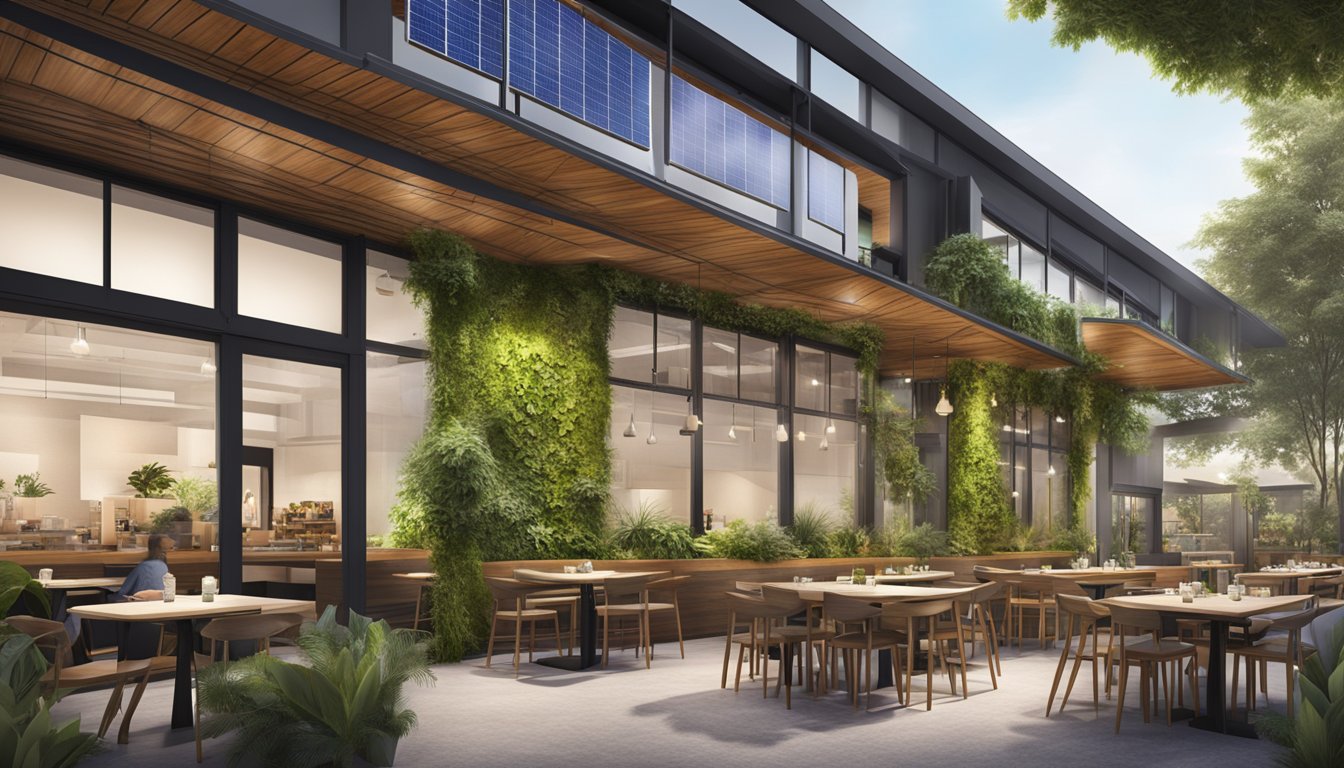 The restaurant's exterior features a modern, eco-friendly design with solar panels and a vertical garden, showcasing innovation and sustainability