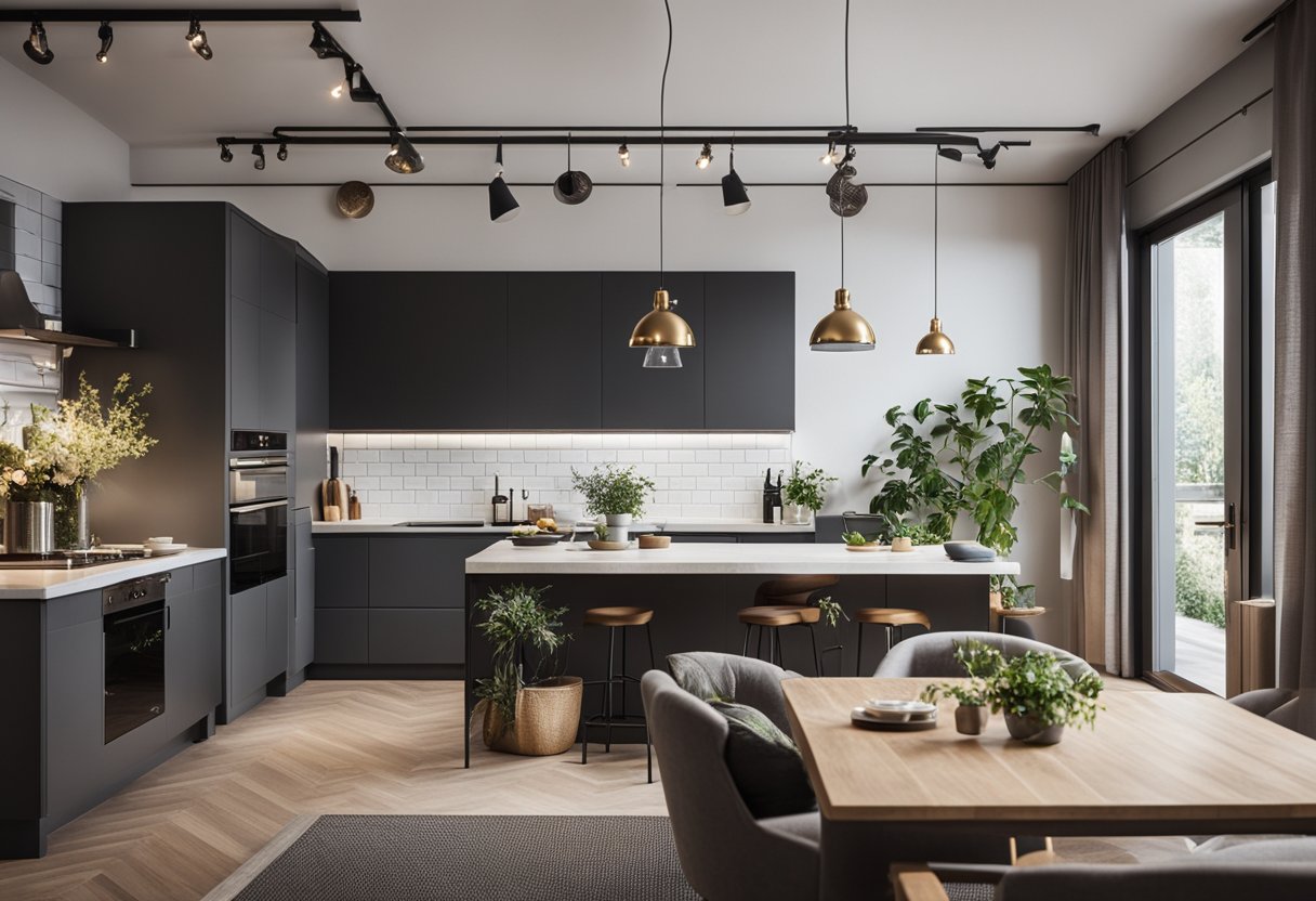 A cozy small kitchen and living room combine with modern design elements and accents