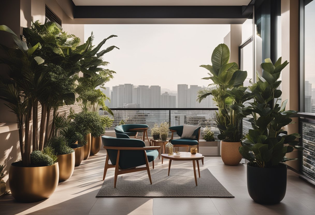A modern balcony with sleek furniture, potted plants, and stylish lighting fixtures