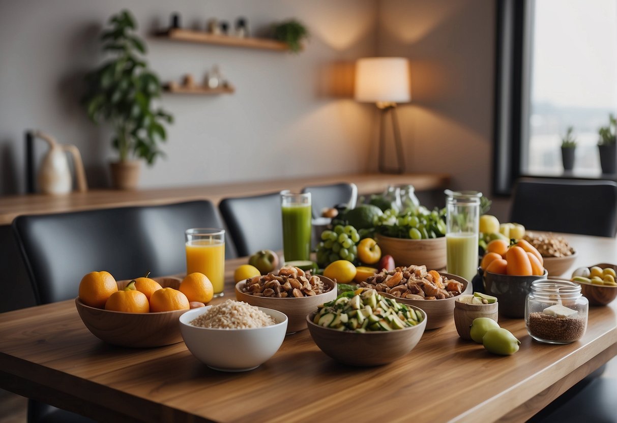 A table set with healthy foods, surrounded by exercise equipment and a yoga mat. A calendar on the wall marks off days for meal planning and workout routines