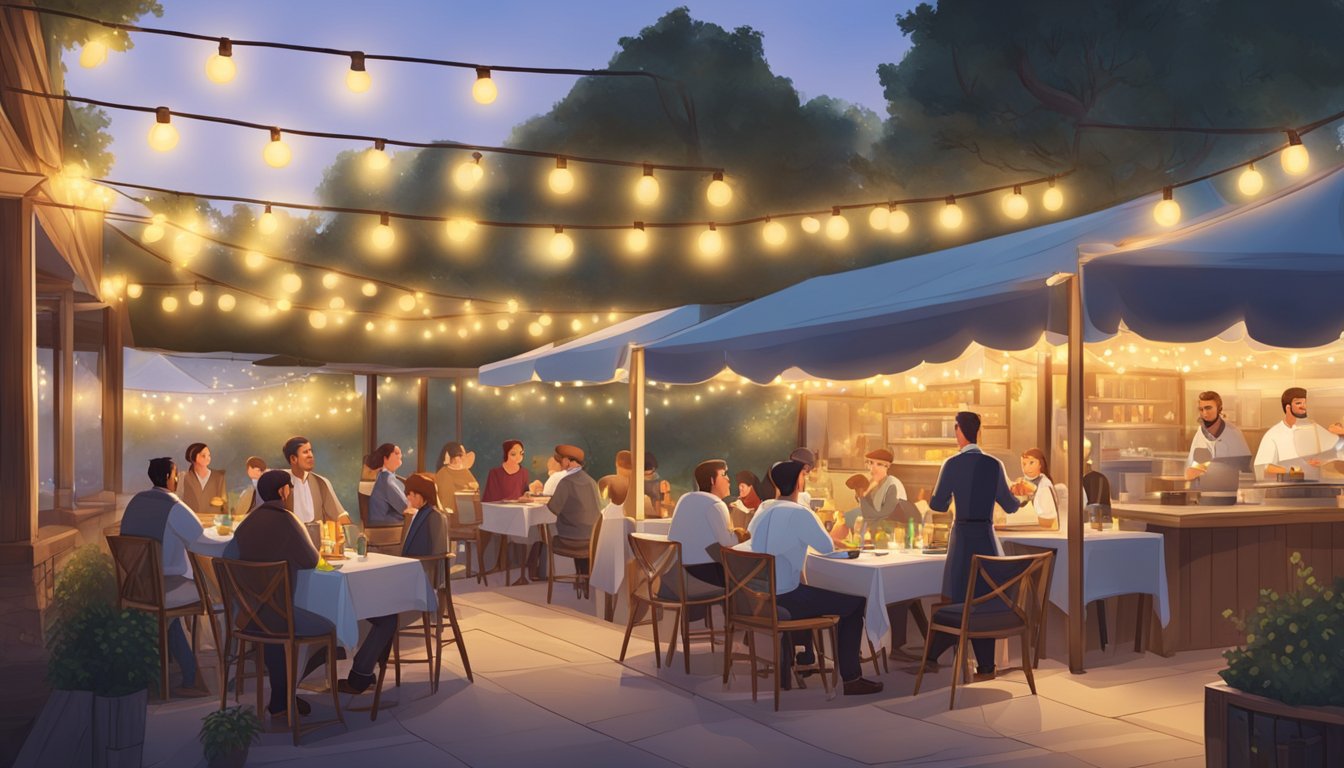 Customers sit at outdoor tables, under string lights, enjoying meals. A waiter serves food and drinks while a chef cooks in the open kitchen