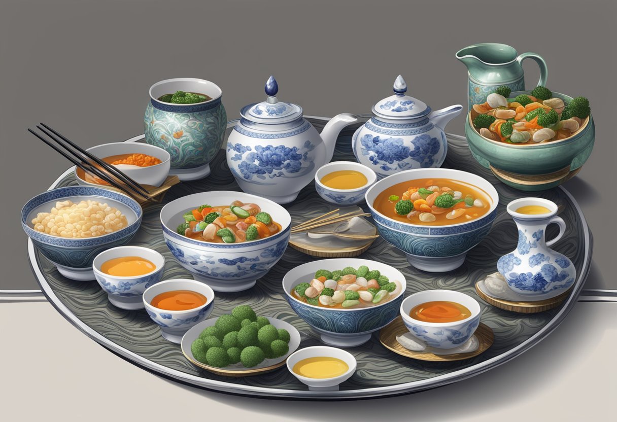 A table set with various abalone sauces and accompaniments in elegant Chinese dinnerware