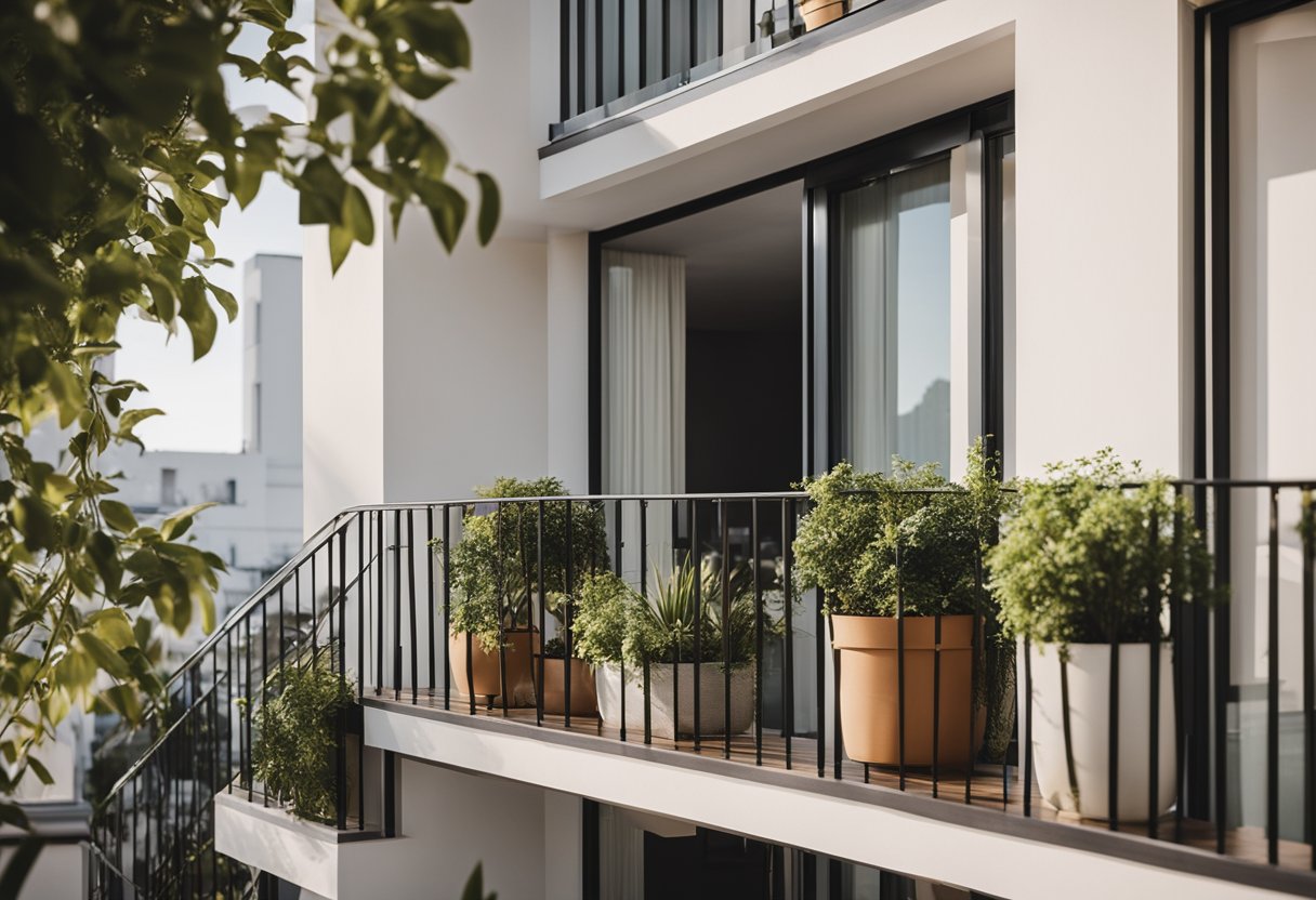 A modern maisonette balcony with sleek, minimalist design and potted plants