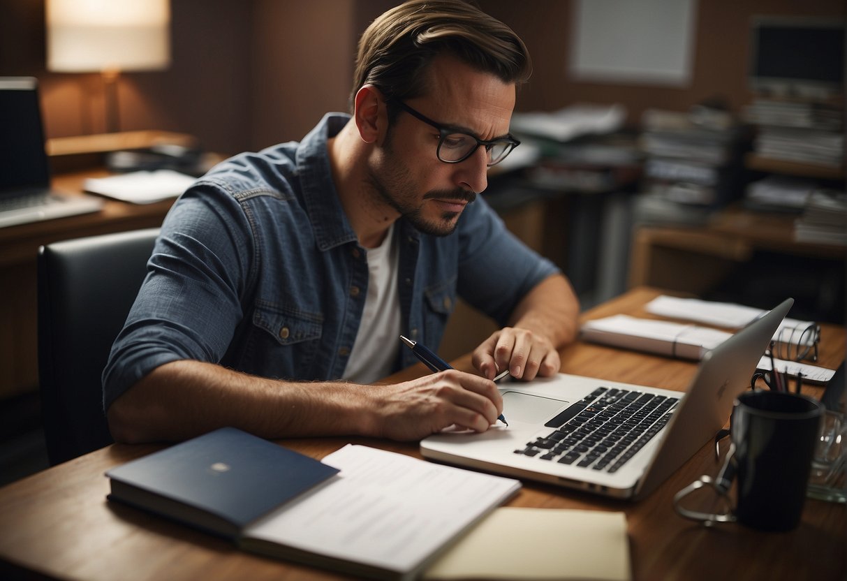 A person sits at a desk, surrounded by notebooks and a laptop. They are furrowing their brow and tapping their pen on the table, showing signs of frustration and stress