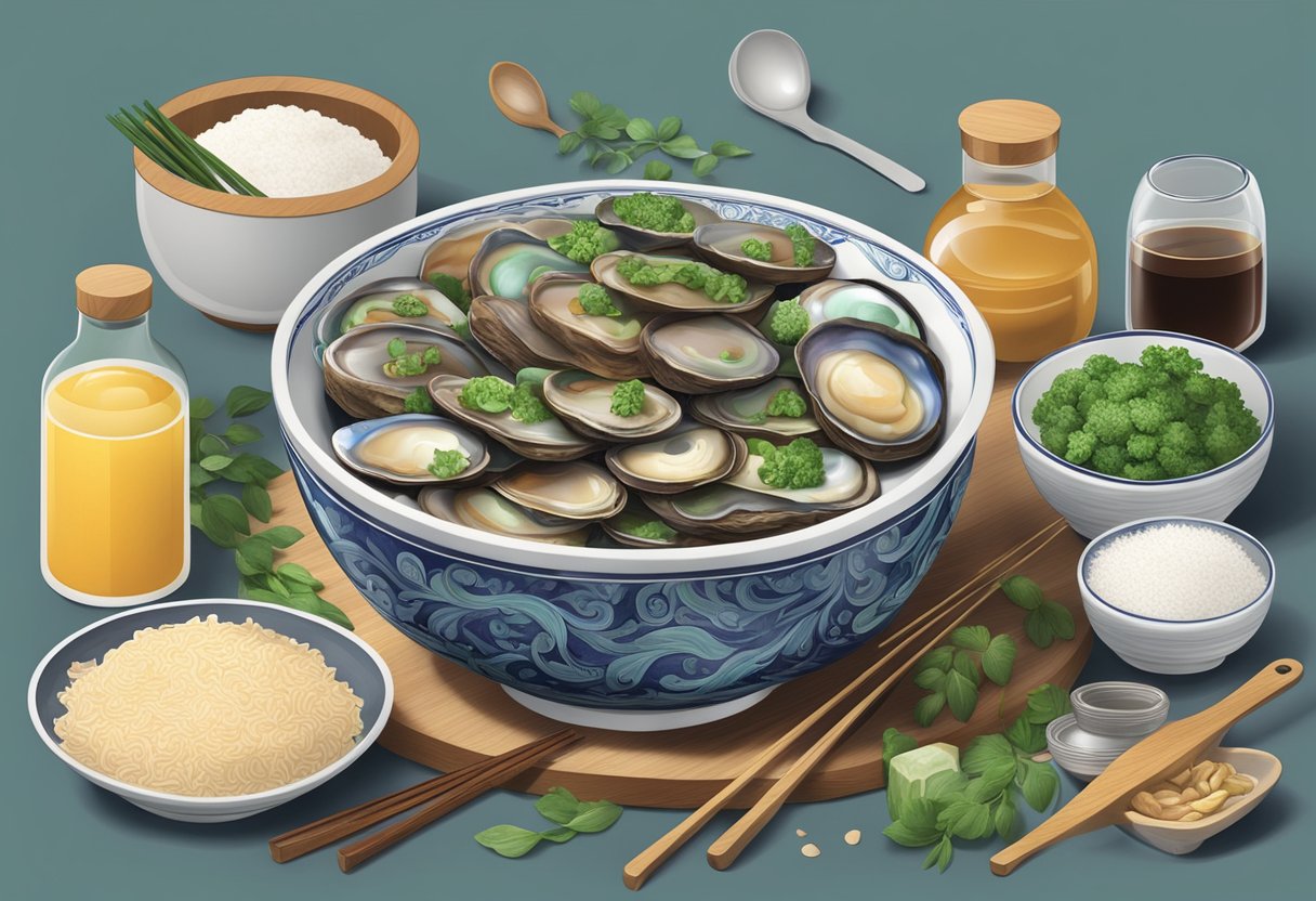 A bowl of abalone china recipe surrounded by ingredients and utensils on a clean kitchen counter