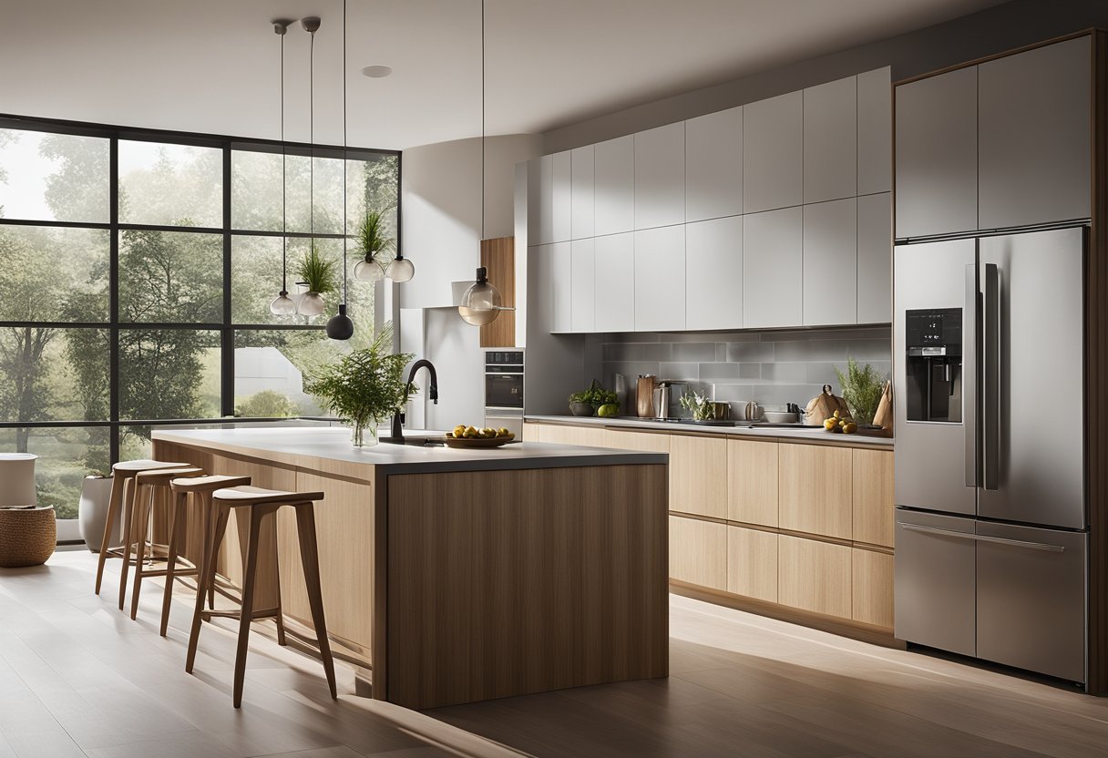A spacious, minimalist kitchen with sleek, wooden cabinets, and clean lines. Large windows allow natural light to flood the room, highlighting the functional and stylish design