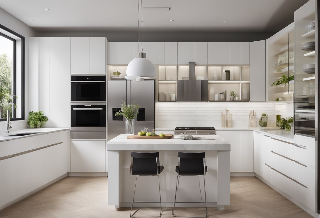 The white kitchen cabinets are sleek and modern, with clean lines and minimal hardware. The cabinets are arranged in a U-shape, with a large central island and stainless steel appliances