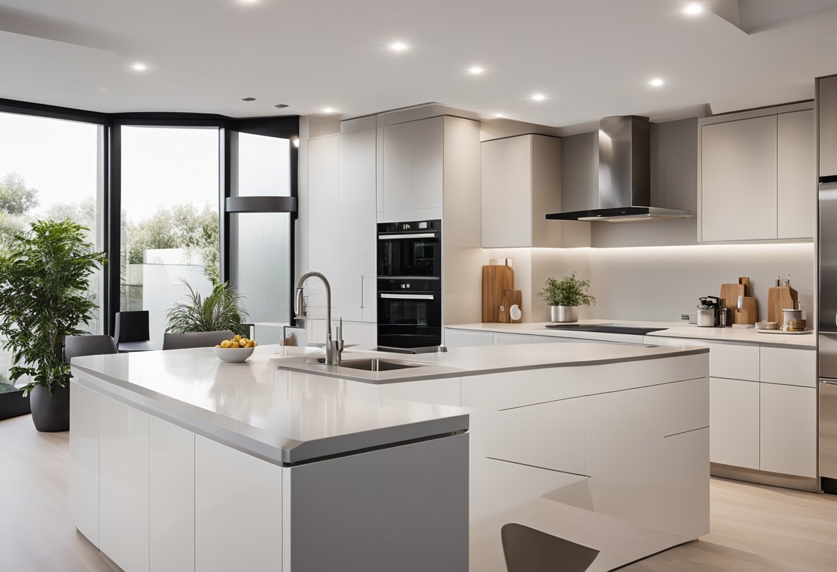 A spacious kitchen with clean lines, minimalist cabinets, and integrated appliances. A large central island with a sleek countertop and ample storage. Bright, natural lighting and a neutral color palette