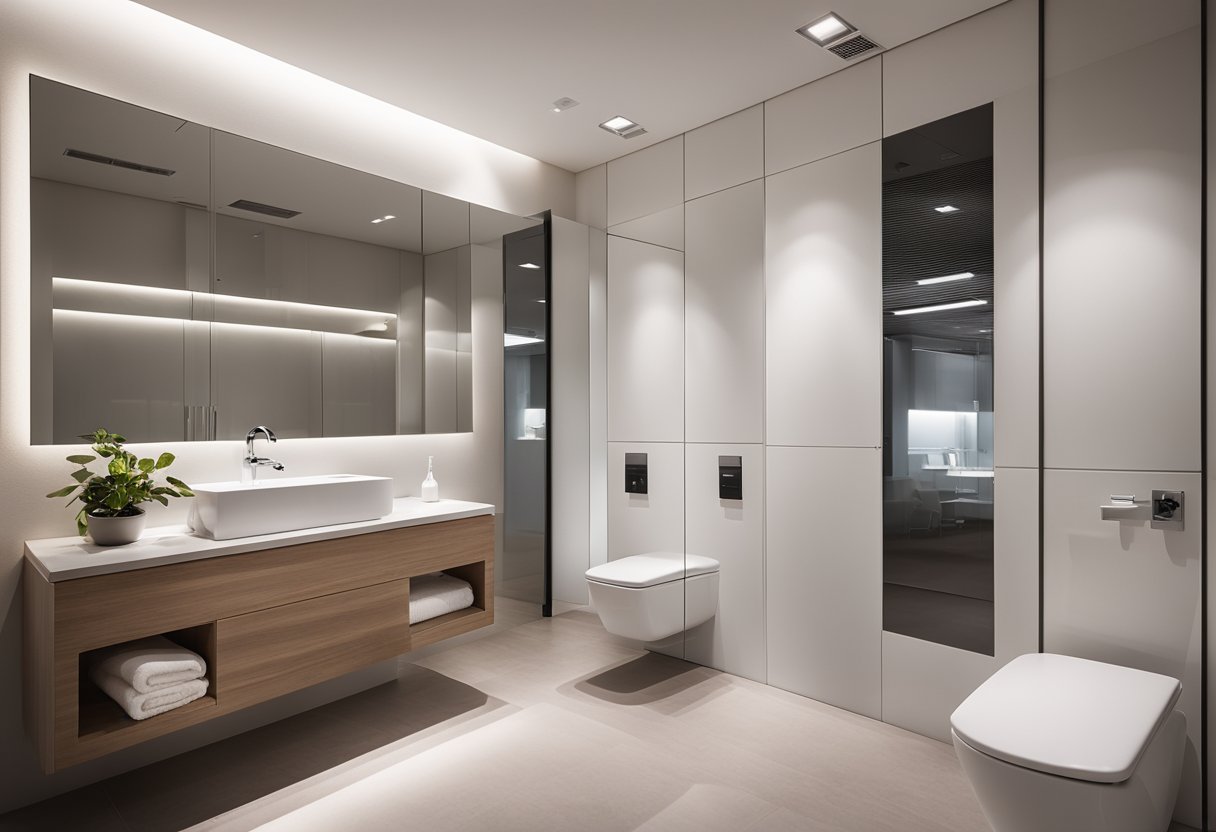 A modern, spacious female toilet with bright lighting, clean white walls, and stylish fixtures. A large mirror, sleek sink, and comfortable seating area complete the design
