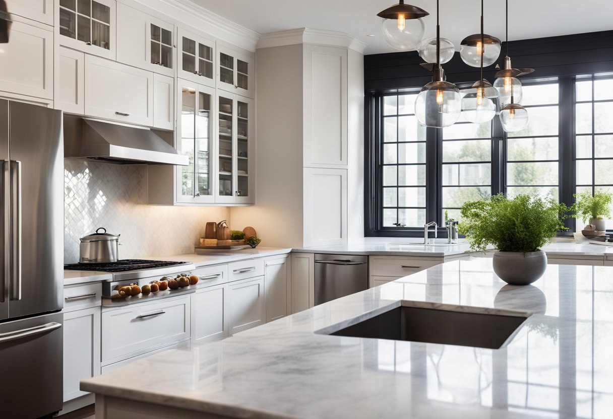 A bright, spacious kitchen with sleek white cabinets, stainless steel appliances, and a marble countertop. Sunlight streams in through the large windows, illuminating the pristine, modern design