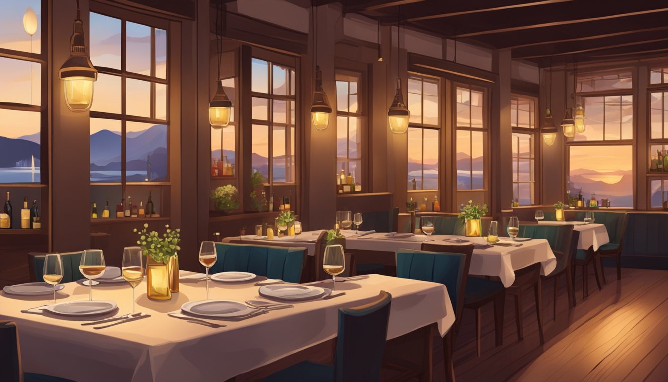 A cozy restaurant with dim lighting, filled with elegant tables and chairs. Wine bottles line the walls, and the aroma of delicious food fills the air