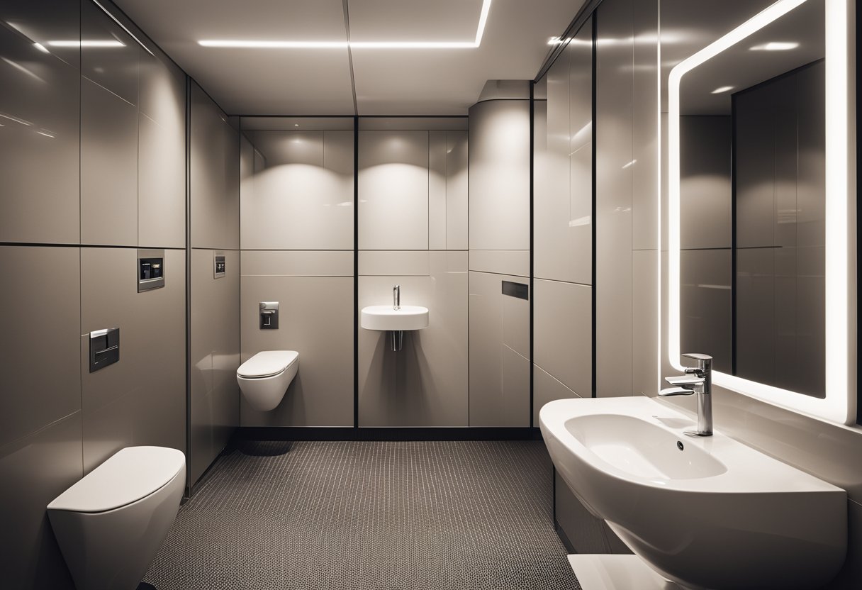 A spacious and well-lit female toilet with clean, modern fixtures and ample privacy partitions