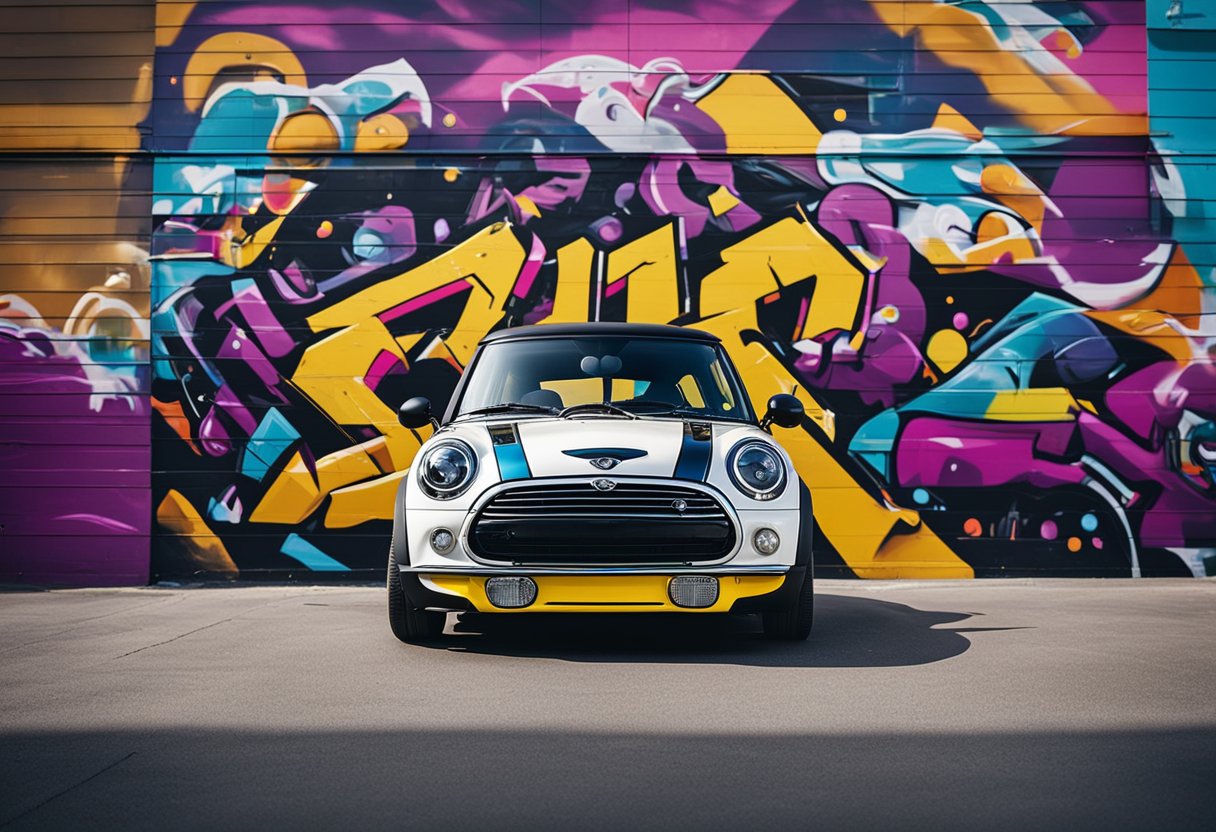 Mini car surrounded by vibrant street art, with graffiti artists adding bold, colorful designs to the vehicle. The electrifying collaboration brings the SE to life in an urban setting