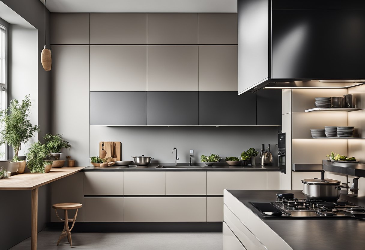 A modern kitchen with sleek cabinets, minimalist design, and efficient storage solutions. Clean lines and neutral colors create a functional and stylish space